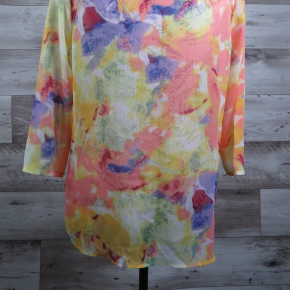 Tantrums* Women's 3/4 Sleeve V-Neck Curved Split End Hem Sheer Blouse~Size Small - Picture 5 of 10